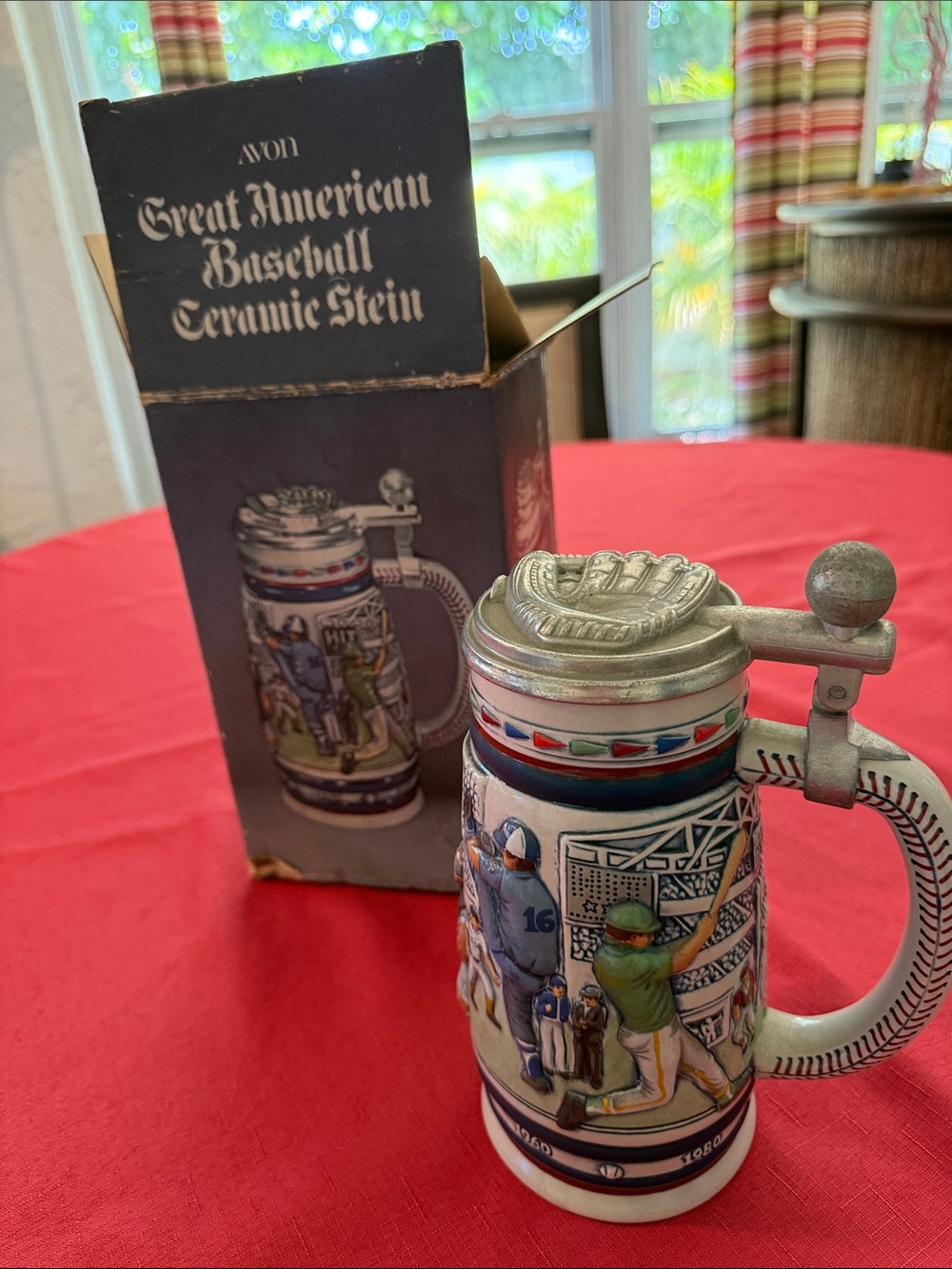 Avon Ceramic Baseball Stein with Red, Blue & White Accents